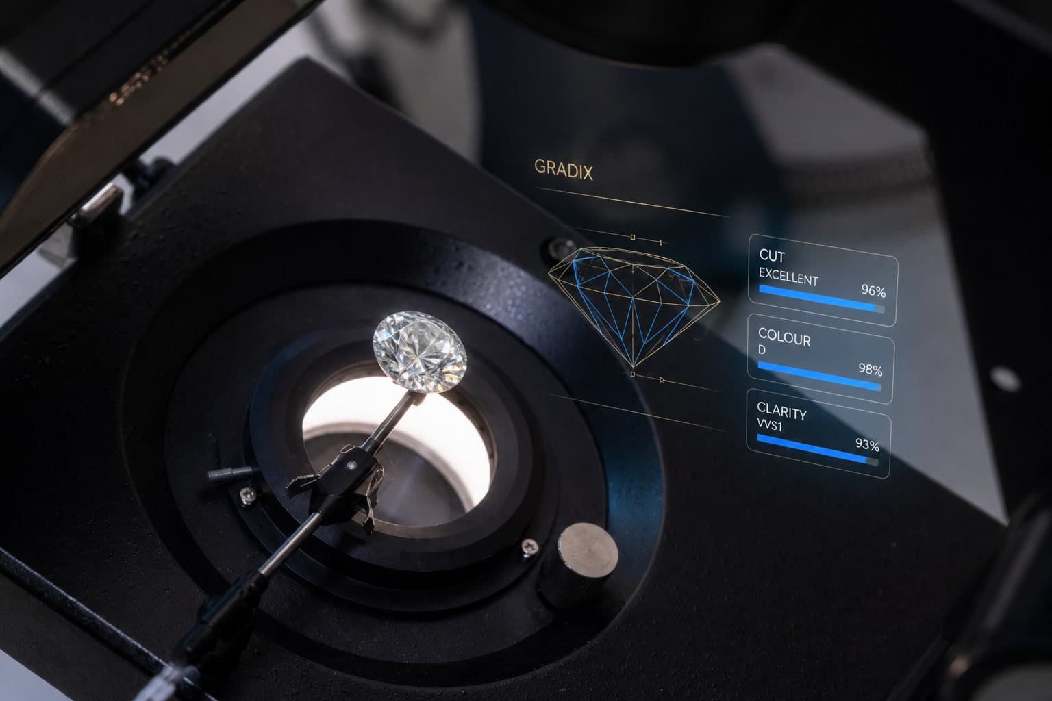 GRADIX AI analysing a diamond on a laboratory stage